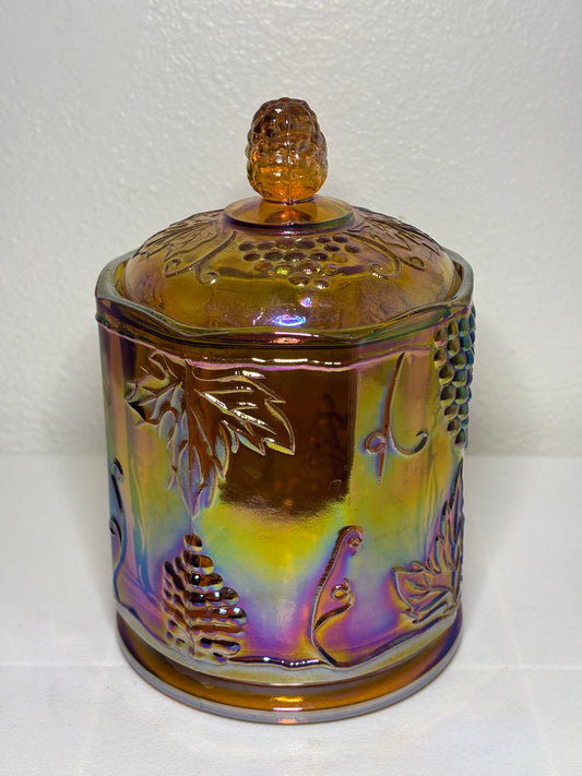 Vintage Iridescent Carnival Glass Canister Jar – Harvest Grape – 8" Tall