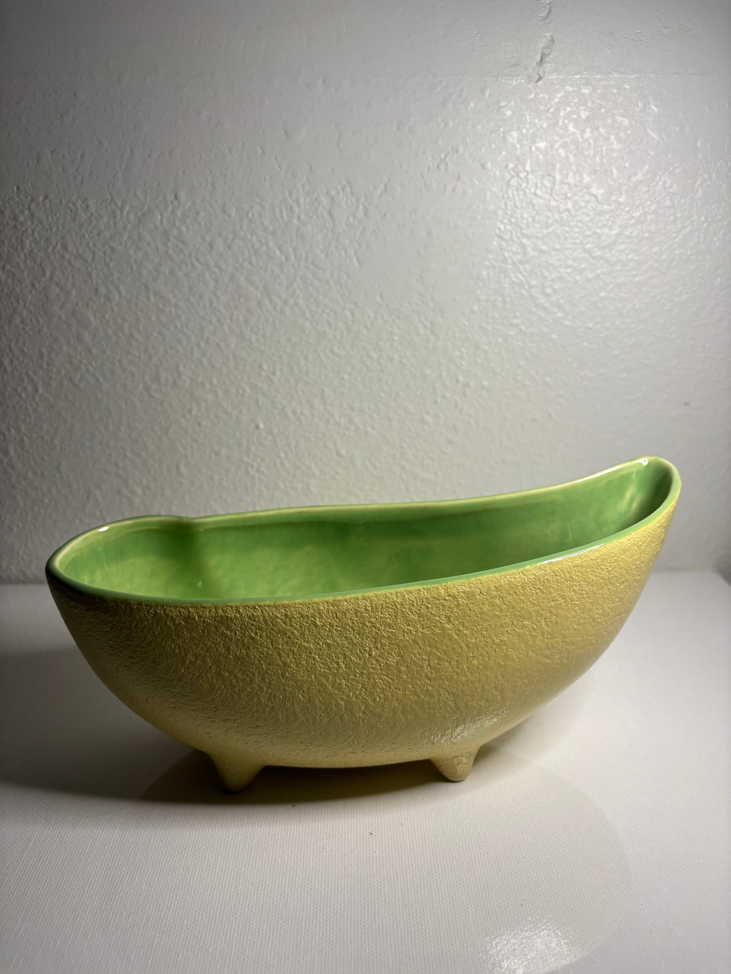 Mid-Century Modern Planter Bowl – Textured Yellow with Glossy Green Interior | 9” Long
