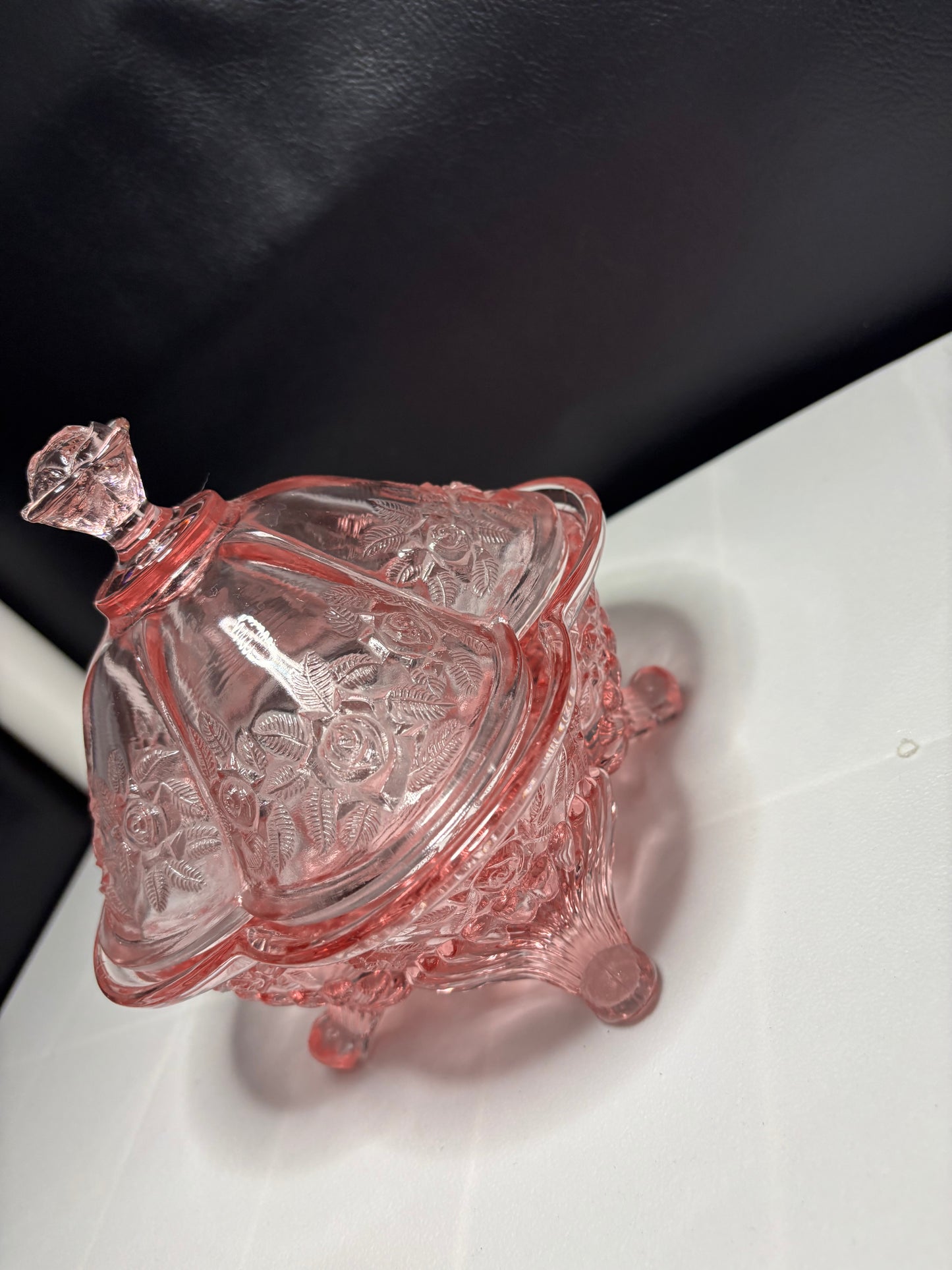 Vintage Footed Rose Pattern Candy Dish – Pink Depression Glass, 3-Section w/ Lid
