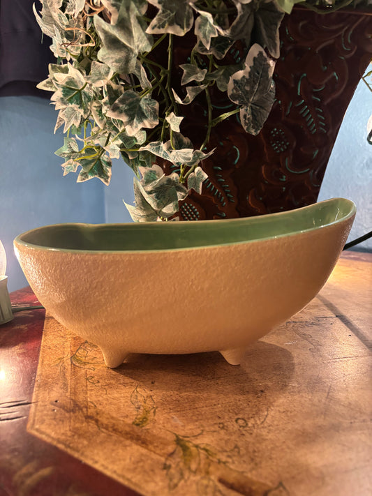 Mid-Century Modern Planter Bowl – Textured Yellow with Glossy Green Interior | 9” Long