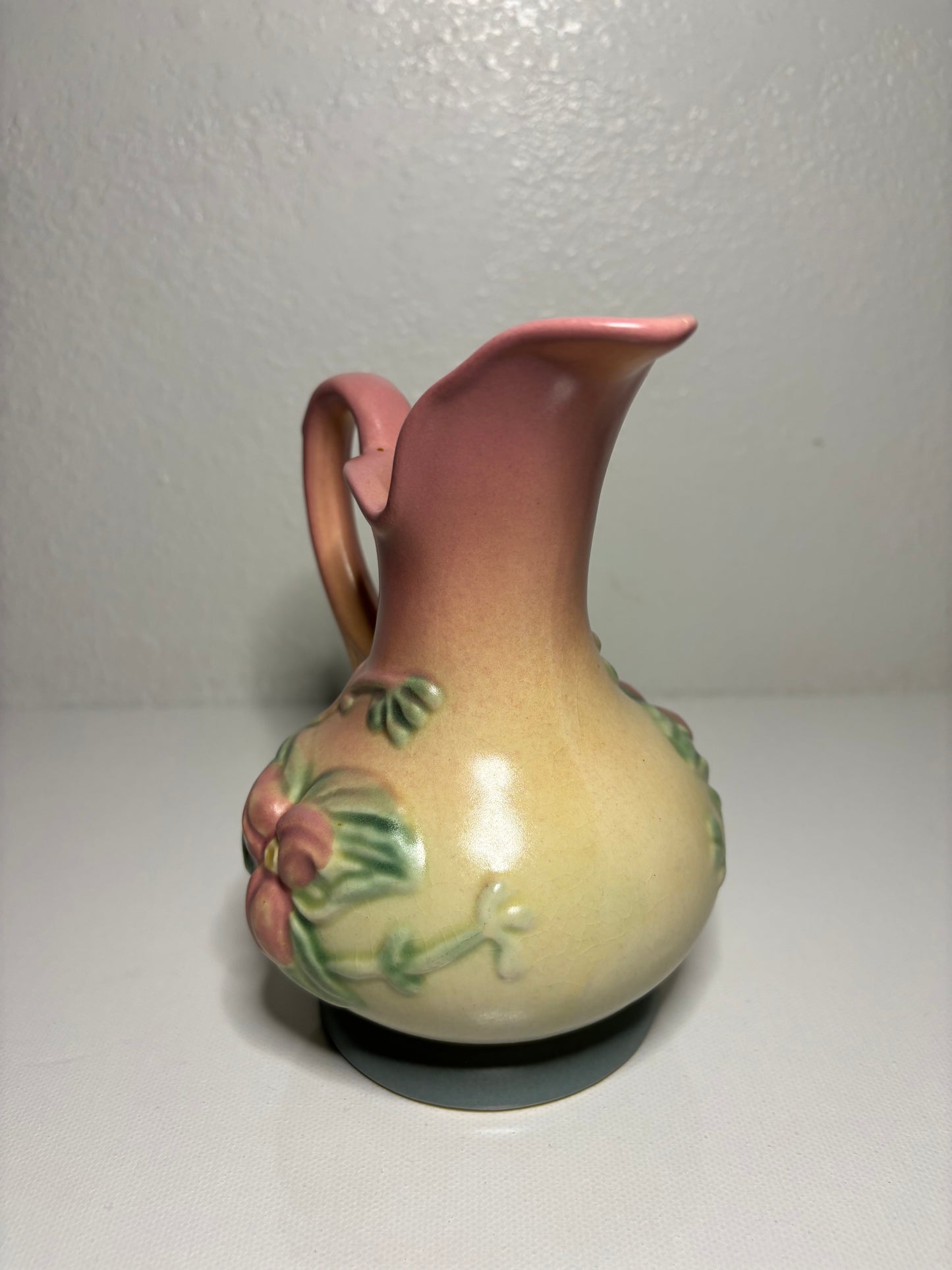 Vintage Blush & Cream Floral Pottery Pitcher – 6” Tall