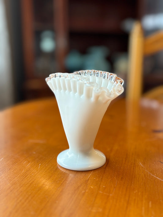 Vintage Fenton Milk Glass Fan Vase – Silver Crest Ruffled Rim