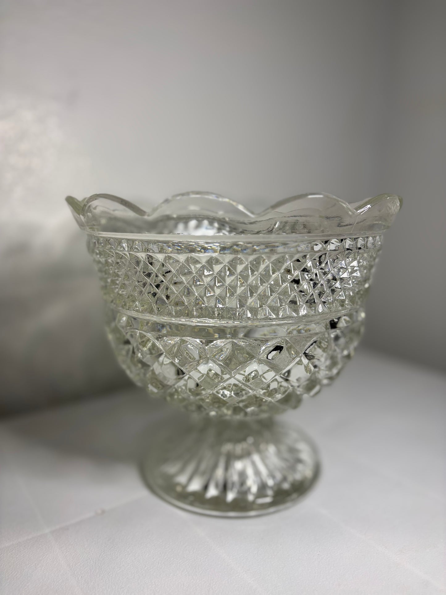 Large Vintage Pressed Glass Compote – Diamond & Crosshatch Pedestal Bowl (8”)