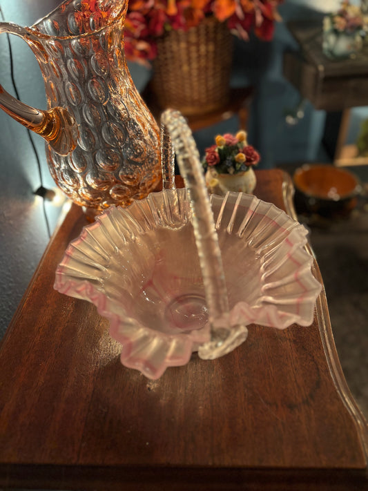 Vintage Pink Ruffled Art Glass Basket – 9" Decorative Handled Bowl
