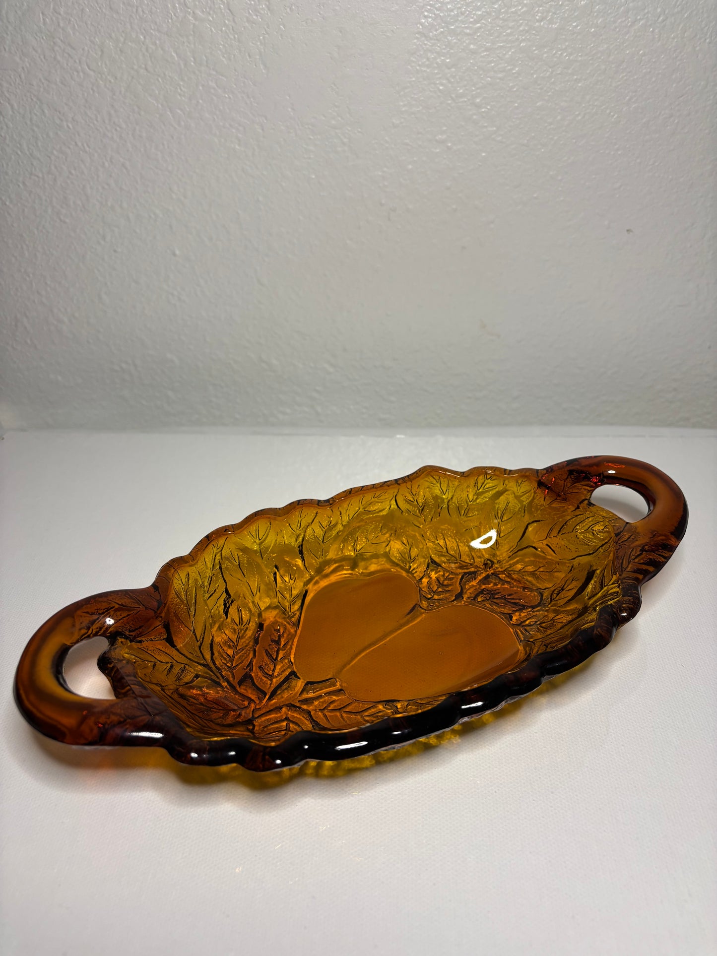 Vintage Amber Glass Leaf Dish – Twin Leaf Design with Handles | 9” Long
