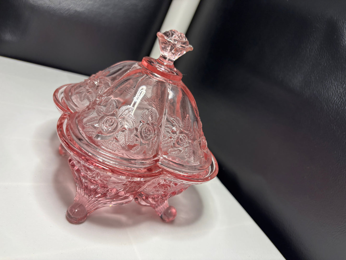 Vintage Footed Rose Pattern Candy Dish – Pink Depression Glass, 3-Section w/ Lid