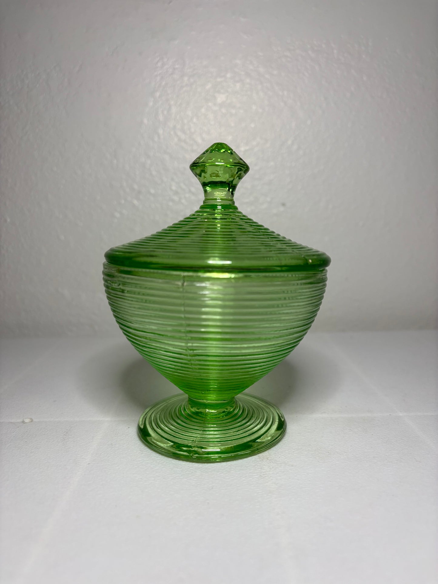 Vintage Green Ribbed Glass Candy Dish with Lid – 5" Tall