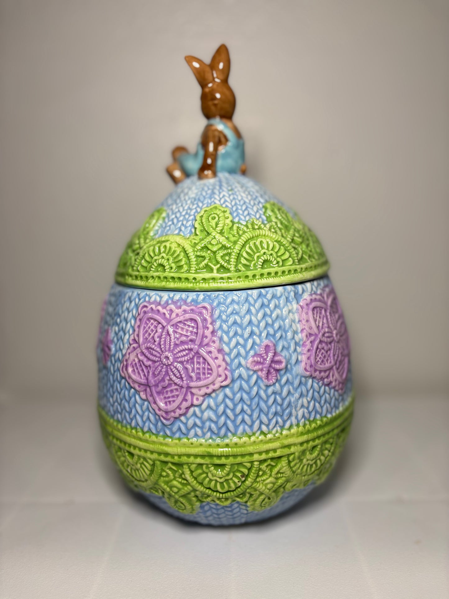 Whimsical Bunny on Knit-Patterned Egg – Spring Easter Décor – 11.5” Tall