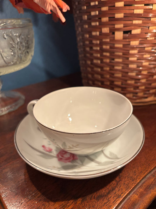 Windsor Rose Fine China Teacup & Saucer Set – Pink Rose with Silver Trim