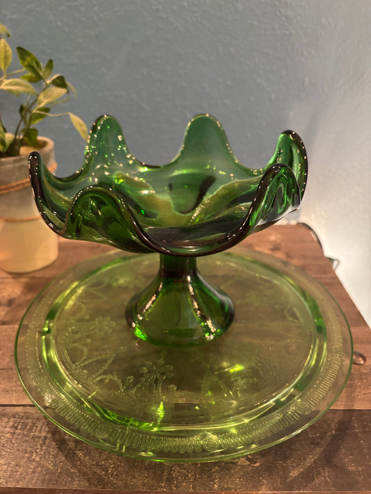 Vintage Green Glass Compote & Plate Set – Mid-Century Pedestal Bowl & Etched Plate