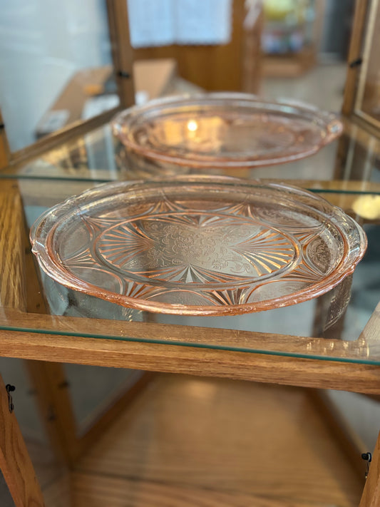 Vintage Pink Depression Glass Etched Floral Serving Tray – Art Deco Sunburst Design *