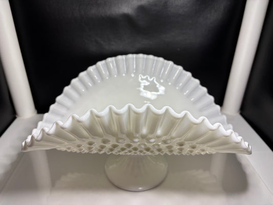 Vintage Fenton Style Milk Glass Hobnail Fan Vase – 13” Wide