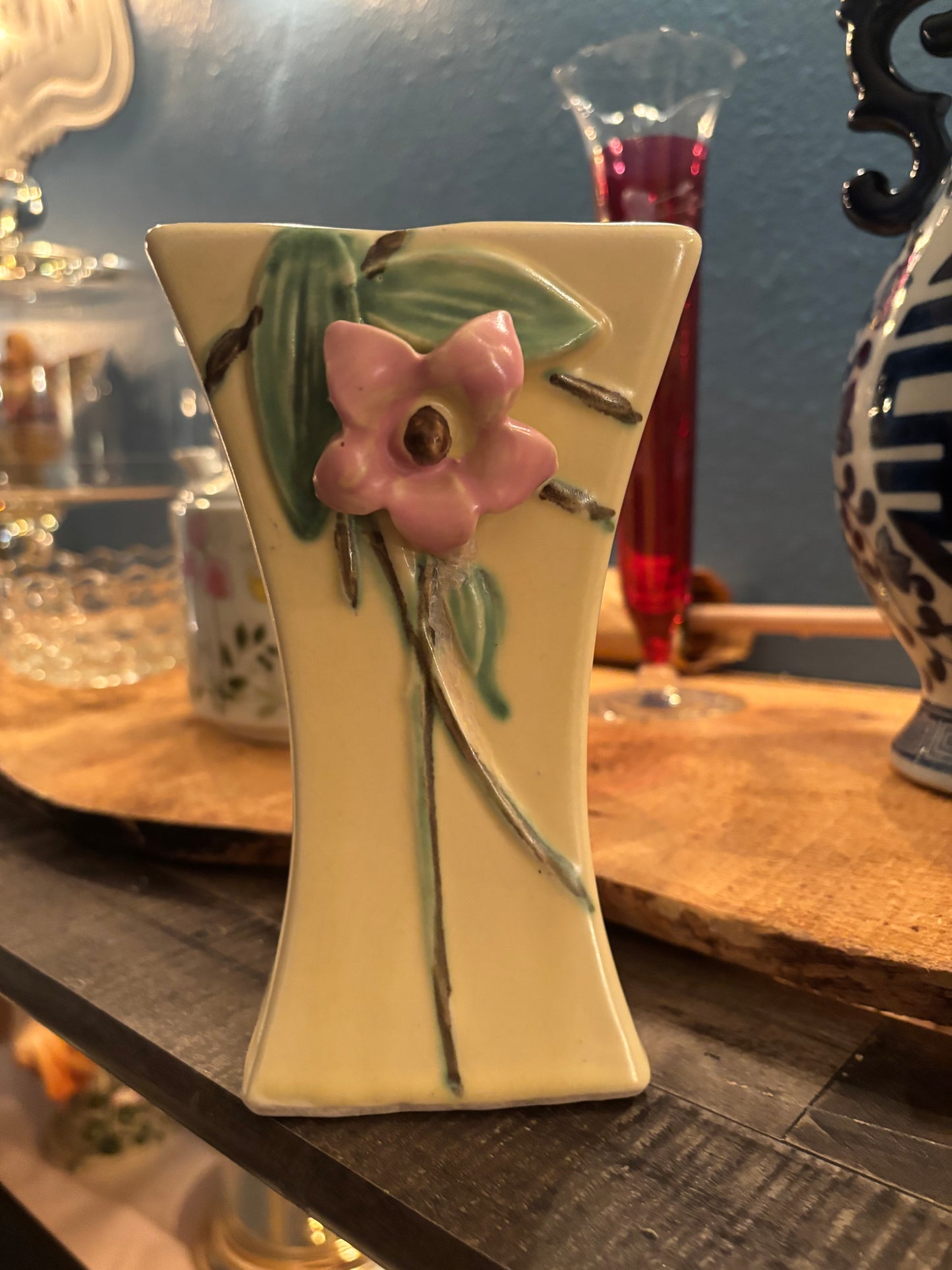 Vintage Art Pottery Bud Vase – Pink Flower Relief on Soft Yellow | 6.5” Tall
