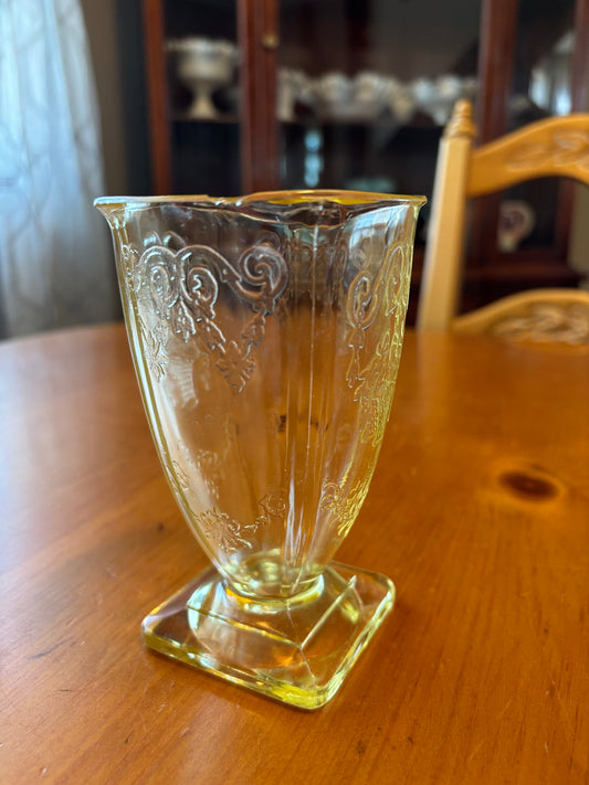 Vintage Lemon Yellow Depression Glass Vase – Etched Floral Design