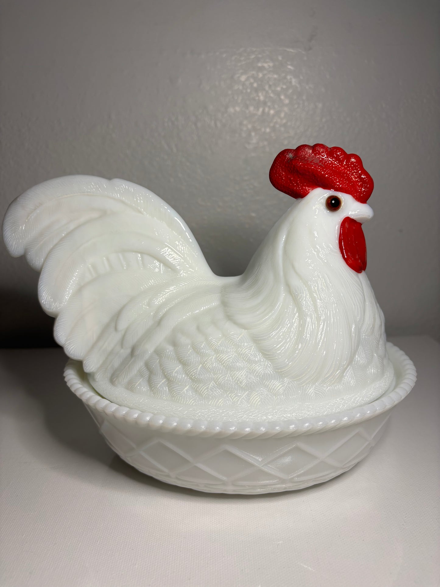 Vintage Milk Glass Hen on Nest Dish – 9" Collectible Candy Bowl with Red Comb