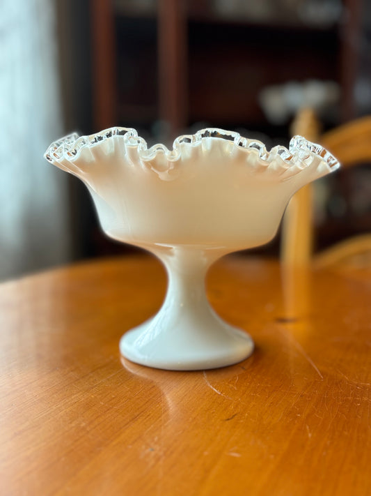 Vintage Fenton Milk Glass Pedestal Compote – 8" Silver Crest Ruffled Edge *