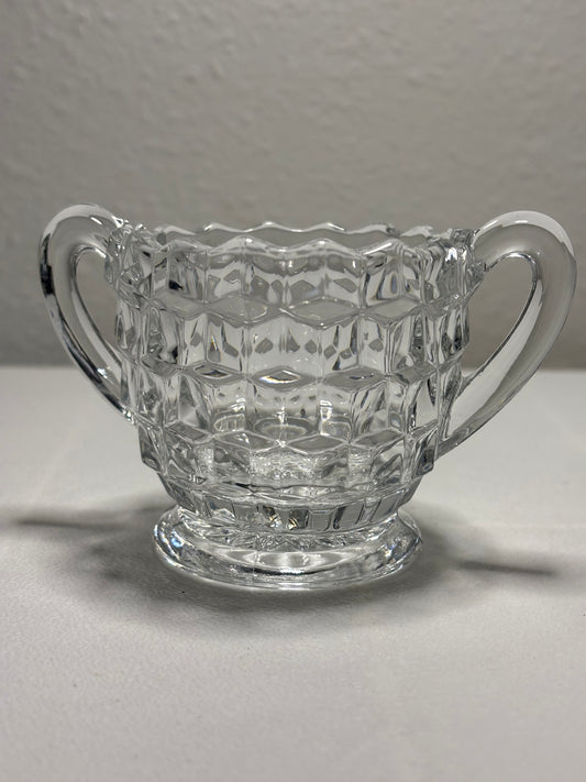 Vintage Clear Glass Sugar Bowl – Cubist Pattern with Dual Handles
