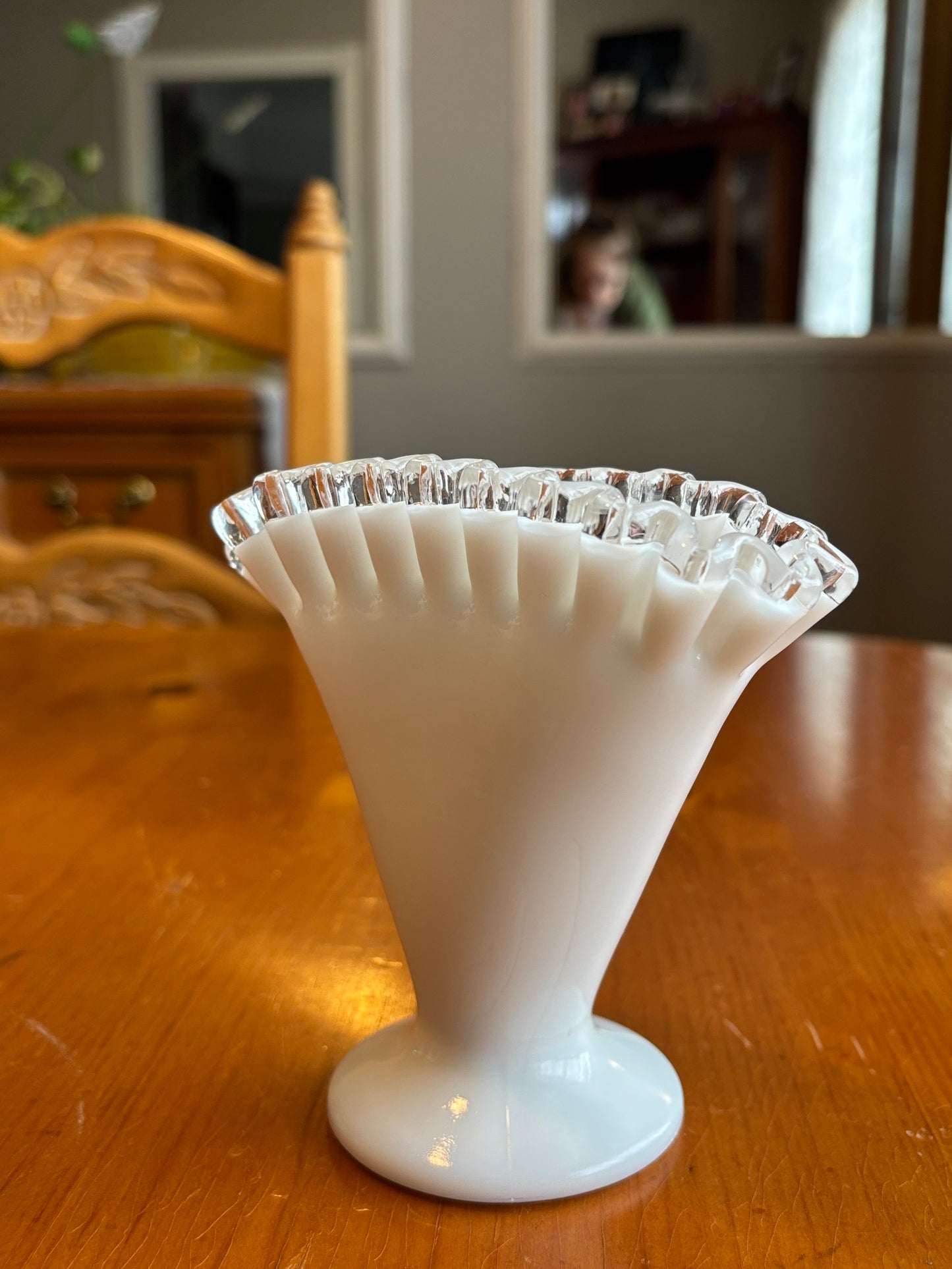 Vintage Fenton Milk Glass Fan Vase – Silver Crest Ruffled Rim