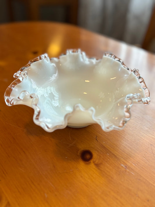 Vintage Fenton Milk Glass Ruffled Edge Bowl – Silver Crest Design *