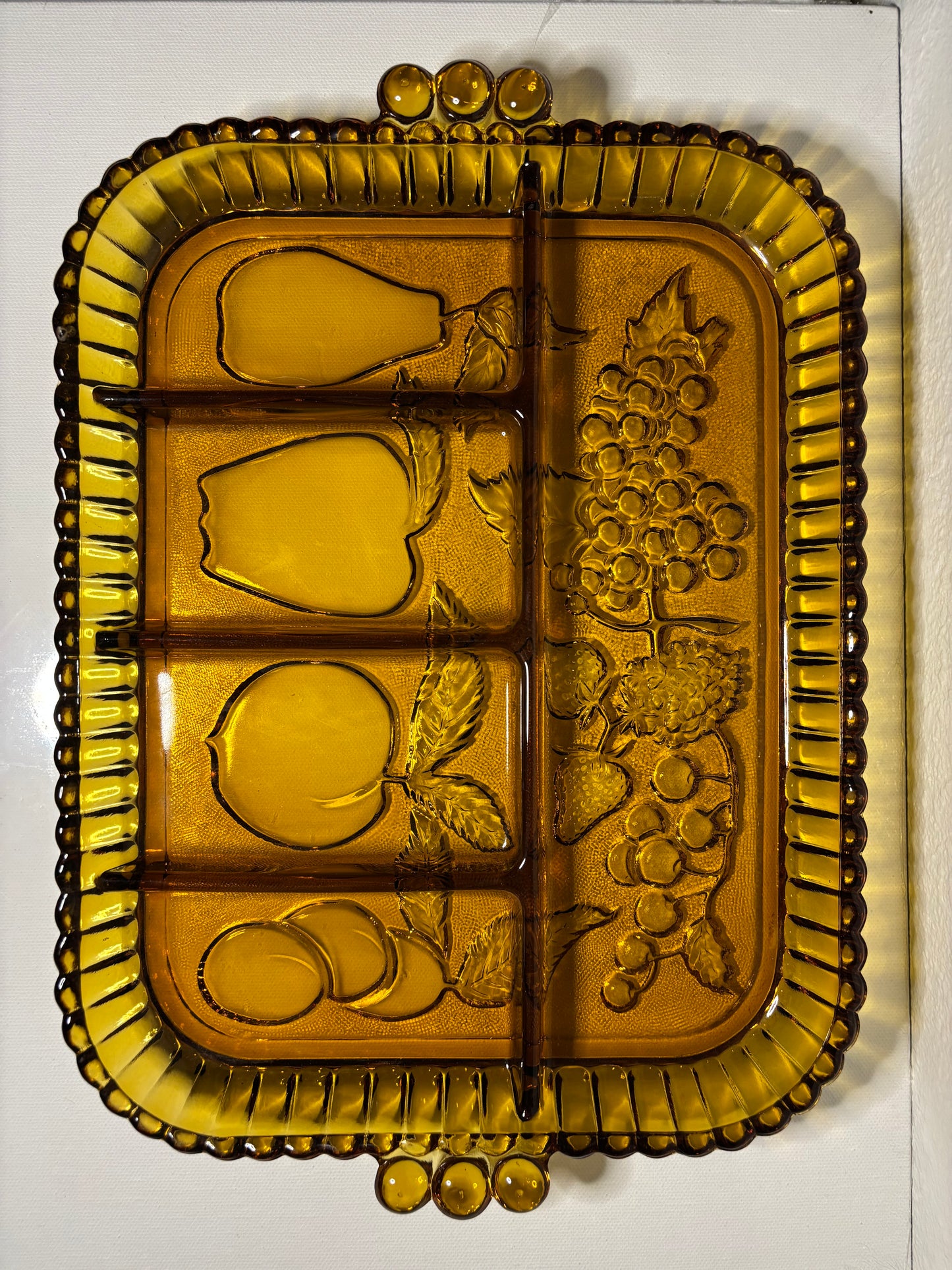 Vintage Amber Divided Glass Serving Tray – Fruit Motif | 13” x 9”