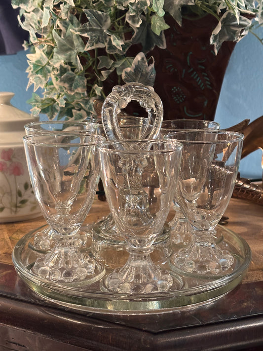 Vintage Clear Glass Cordial Set with Carrier – 6 Glasses and Tray