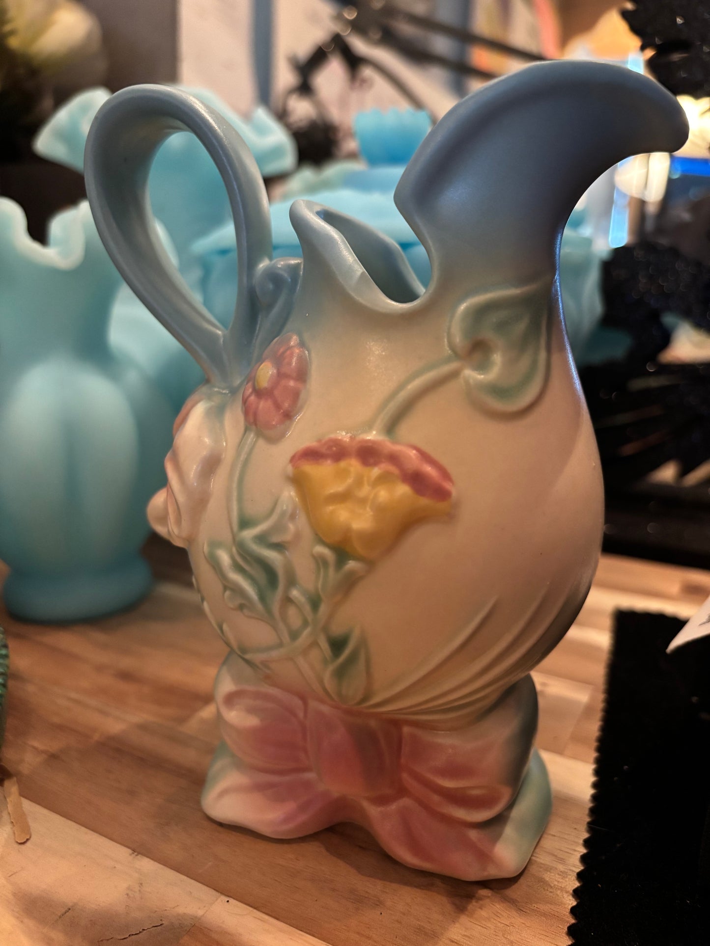 Vintage Pastel Floral Pitcher Vase – Ribbon Base & Embossed Flowers | 7” Tall