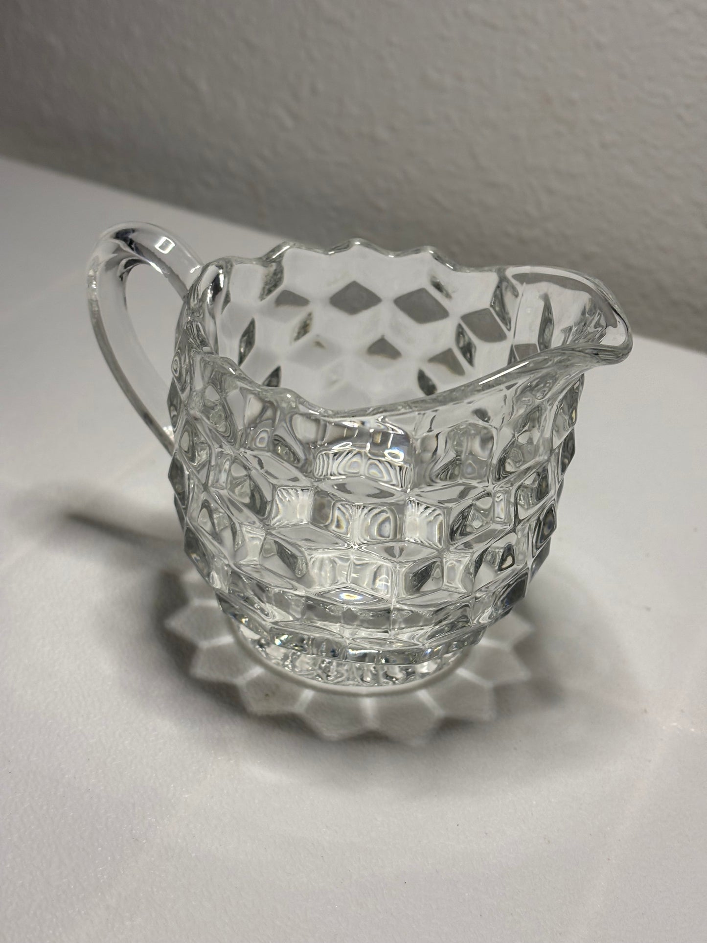 Vintage Cubist Glass Creamer – Ripple Rim, Block Pattern (4”)