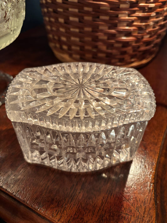 Vintage Pressed Glass Trinket Box with Starburst Lid – 4" x 3" x 2.5"