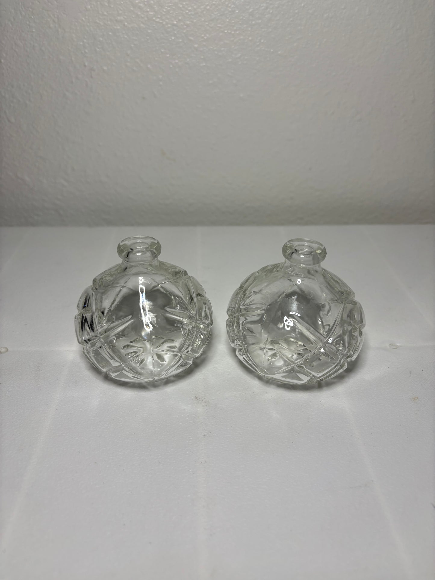 Vintage Mini Diamond-Cut Glass Bud Vases – Set of 2 – 3” Round