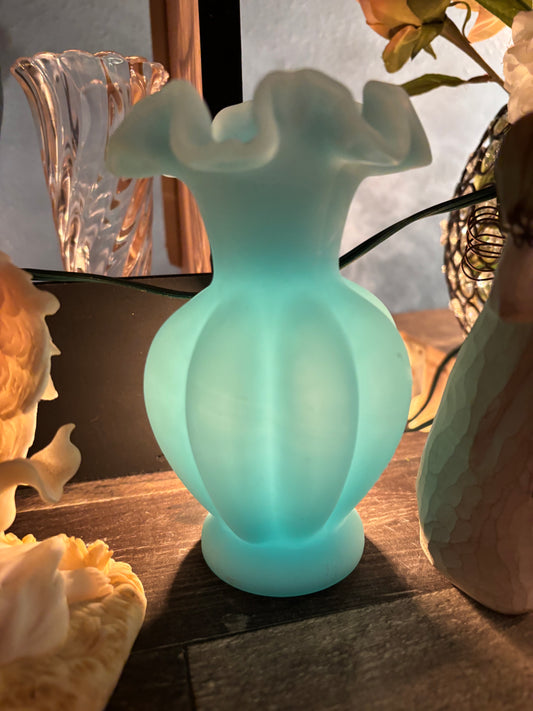 Satin Blue Ruffled Vase – Vintage Handcrafted Art Glass, 6"
