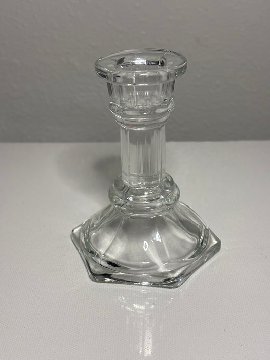 Vintage Clear Glass Taper Candle Holder – Hexagonal Base, 4" Tall