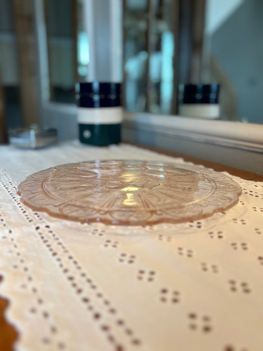 Vintage Pink Depression Glass Footed Cake Plate 10.5" Embossed Floral Design *