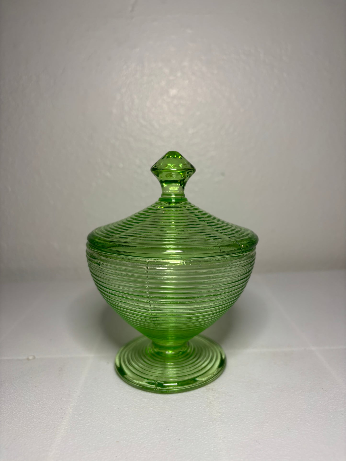 Vintage Green Ribbed Glass Candy Dish with Lid – 5" Tall