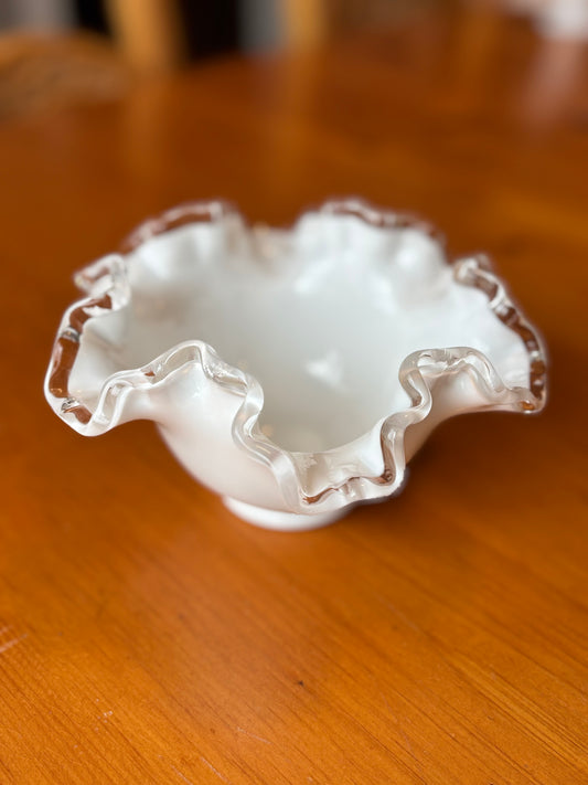 Vintage Fenton Milk Glass Ruffled Bowl – 7" Silver Crest Crimped Edge *