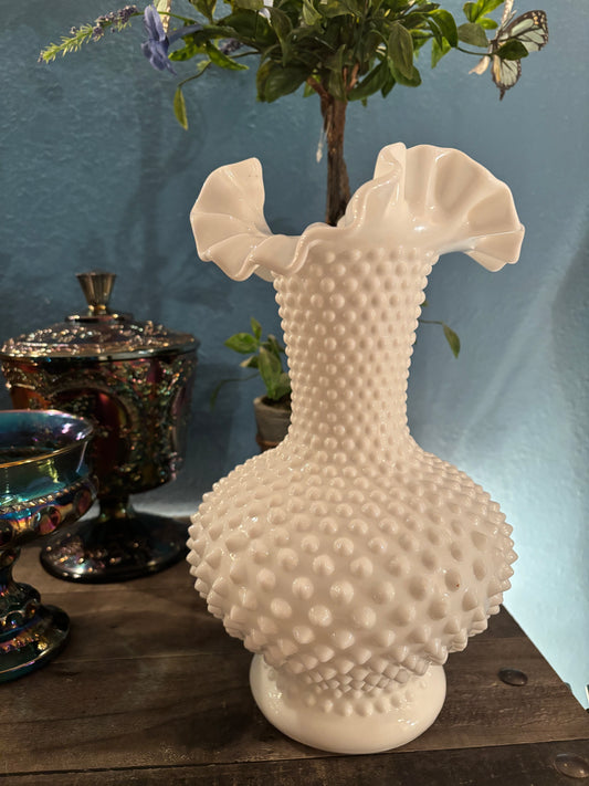 Vintage White Hobnail Milk Glass Vase – 11" Ruffled Edge