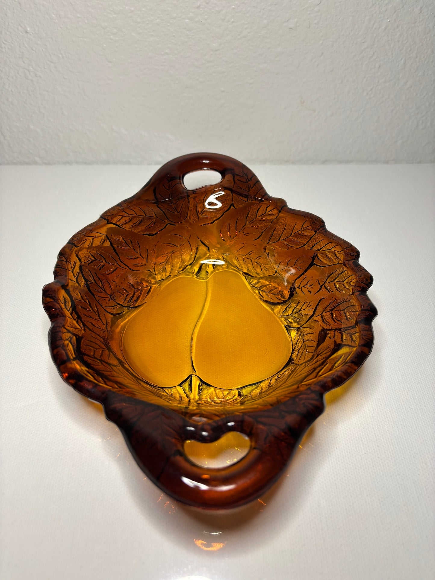 Amber Glass Pear Dish with Dual Handles – 7” Leaf Motif