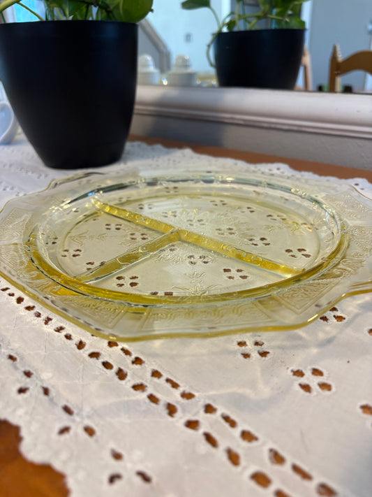 Vintage Lemon Yellow Depression Glass Divided Serving Plate – Etched Floral Design