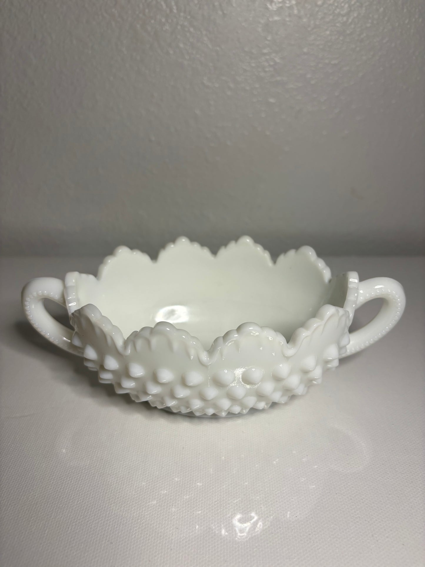 Vintage Milk Glass Candy Dish with Double Handles – Hobnail Diamond Pattern
