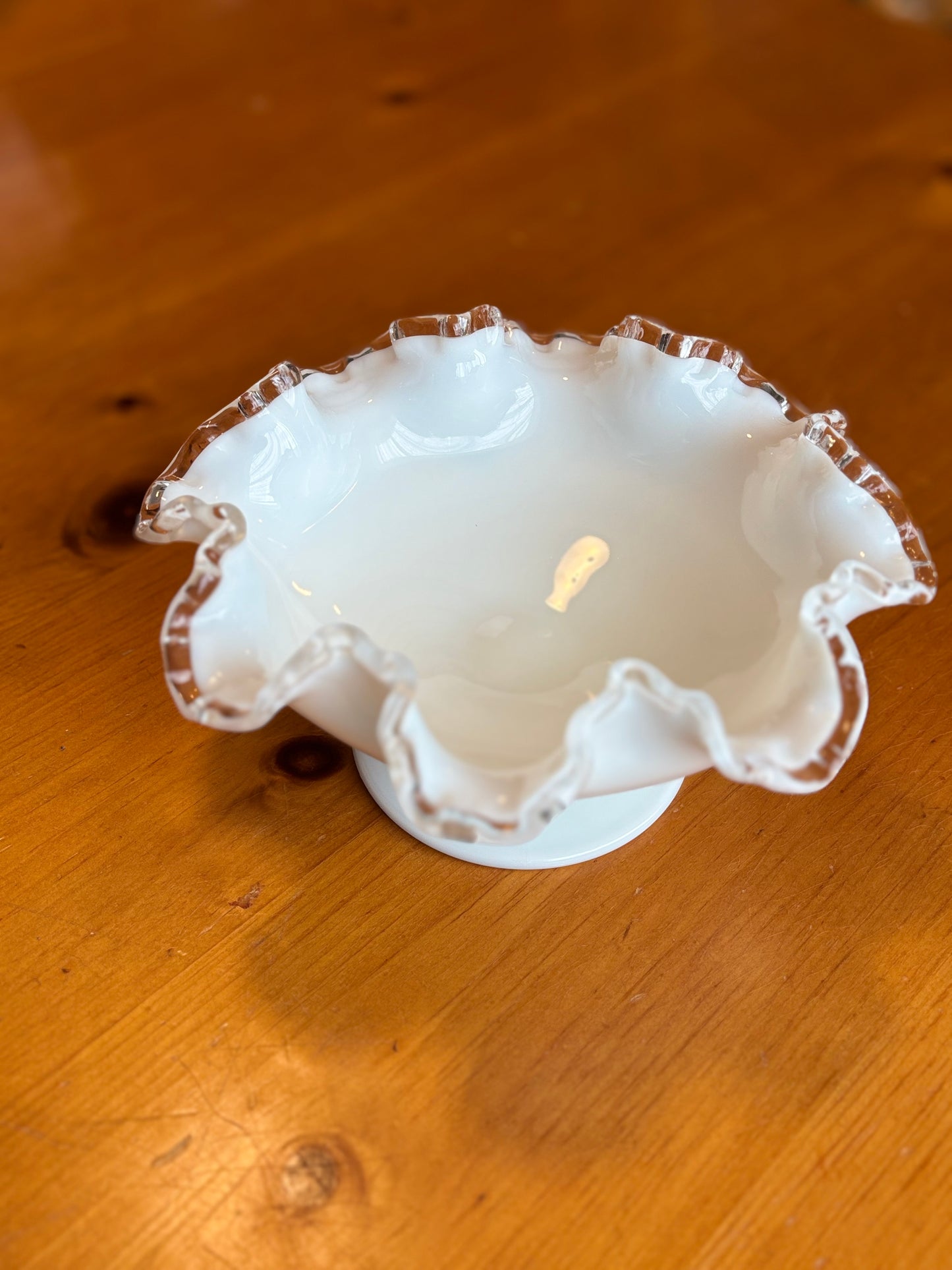 Vintage Fenton Milk Glass Compote Dish – Silver Crest Ruffled Edge *