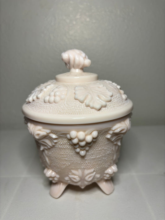 Vintage Milk Glass Grapevine Candy Dish with Lid – Footed – 4.5"x6"
