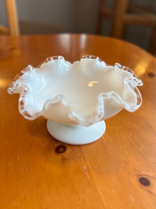 Vintage Fenton Milk Glass Compote Dish – Silver Crest Ruffled Edge *