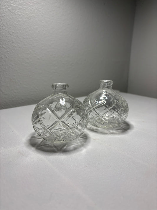 Vintage Mini Diamond-Cut Glass Bud Vases – Set of 2 – 3” Round