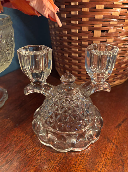 Vintage Pressed Glass Double Candle Holder – Diamond Dome Base, 4.5"