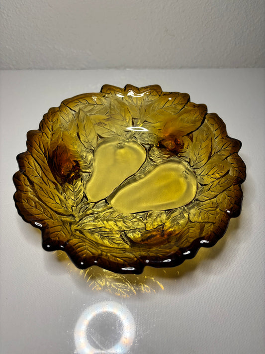 Vintage Amber Glass Leaf Dish with Pear Motif – 6.5”