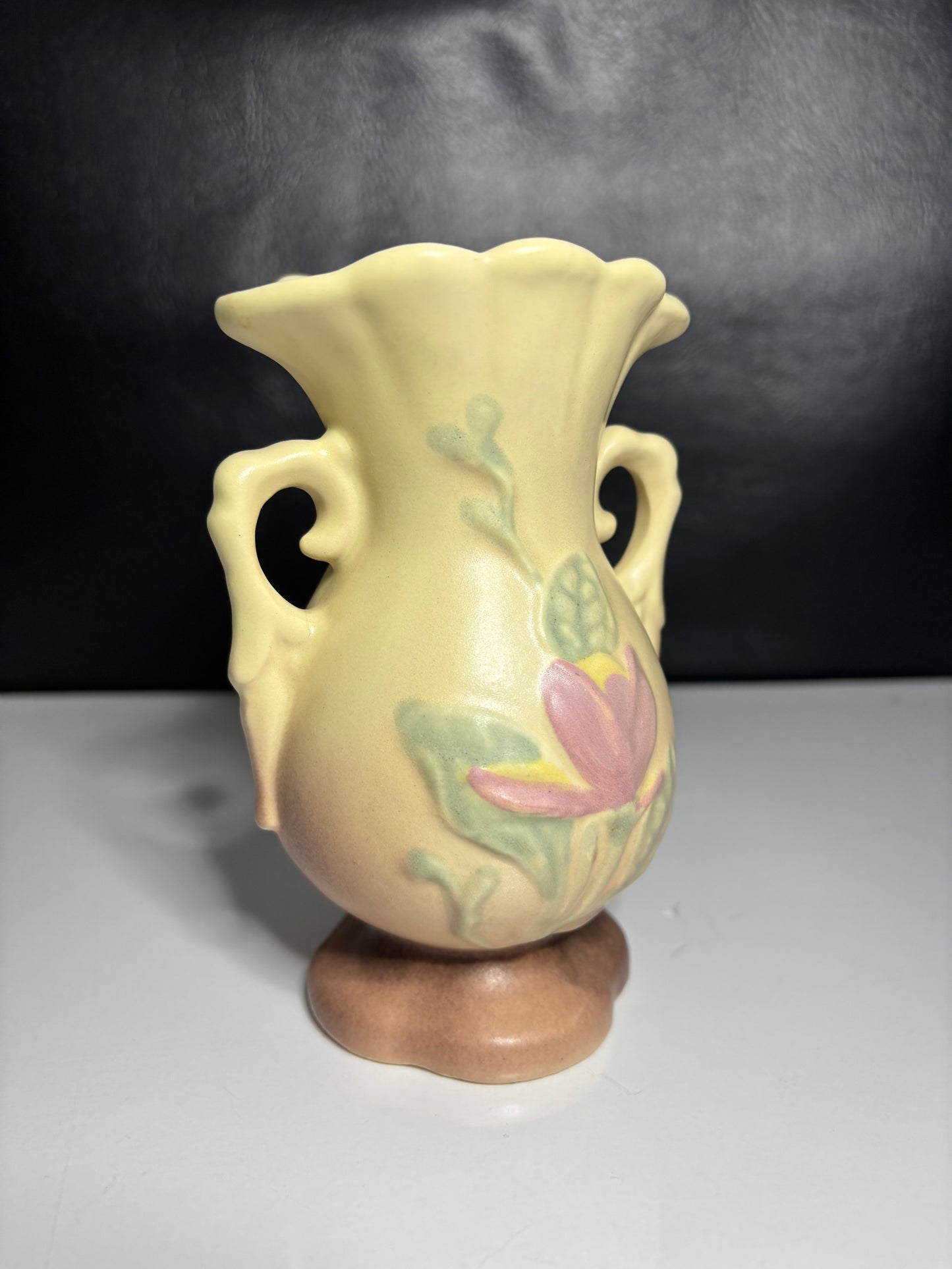 Vintage Hull Style Matte Pottery Vase – 5" Tall Floral Relief with Handles