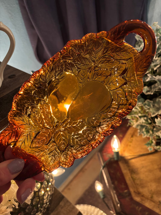 Vintage Amber Glass Leaf Dish – Twin Leaf Design with Handles | 9” Long