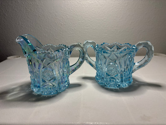 Vintage Blue Iridescent Pressed Glass Creamer & Sugar Set – 5” Wide