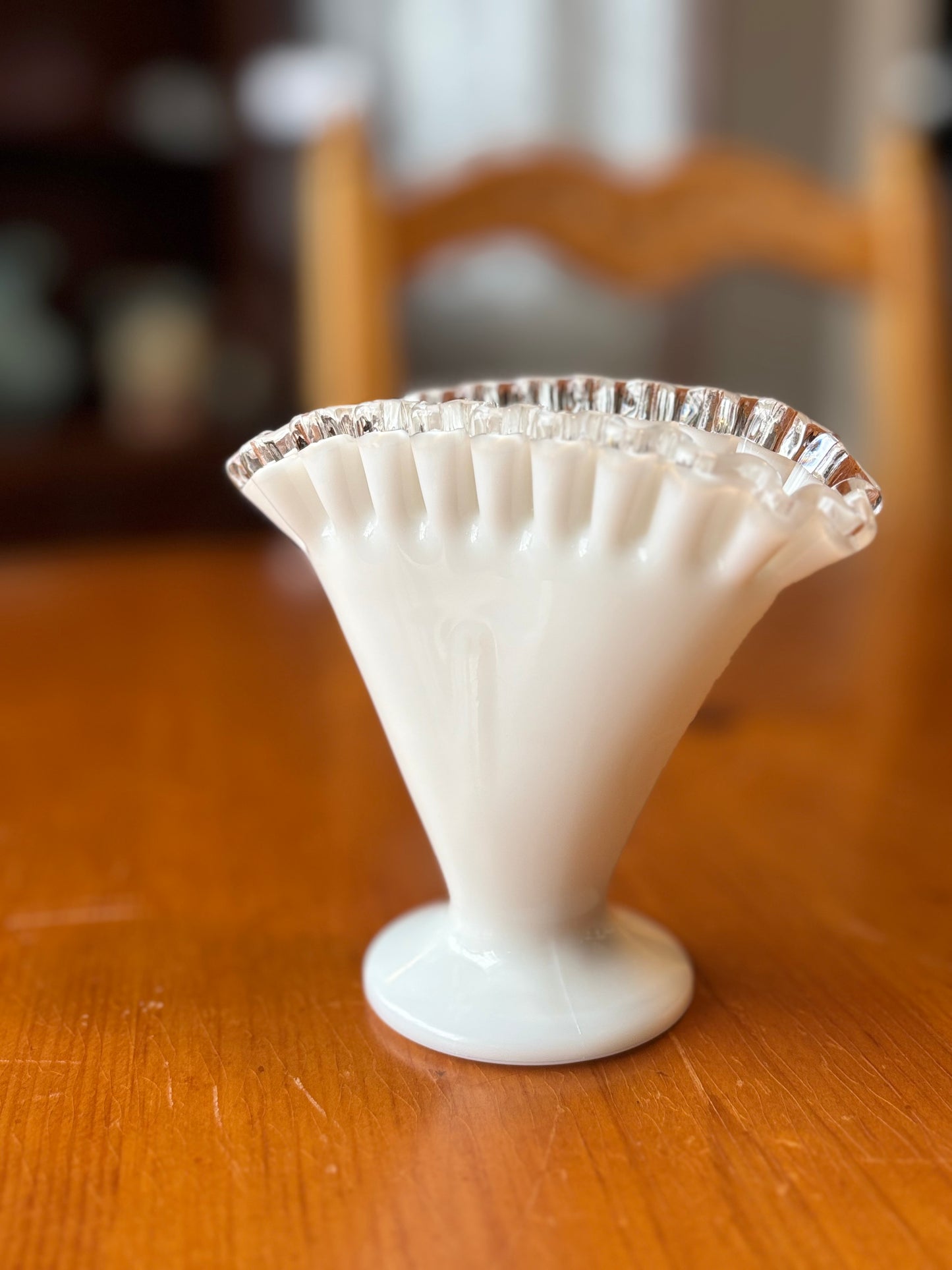 Vintage Fenton Milk Glass Fan Vase – Silver Crest Ruffled Rim