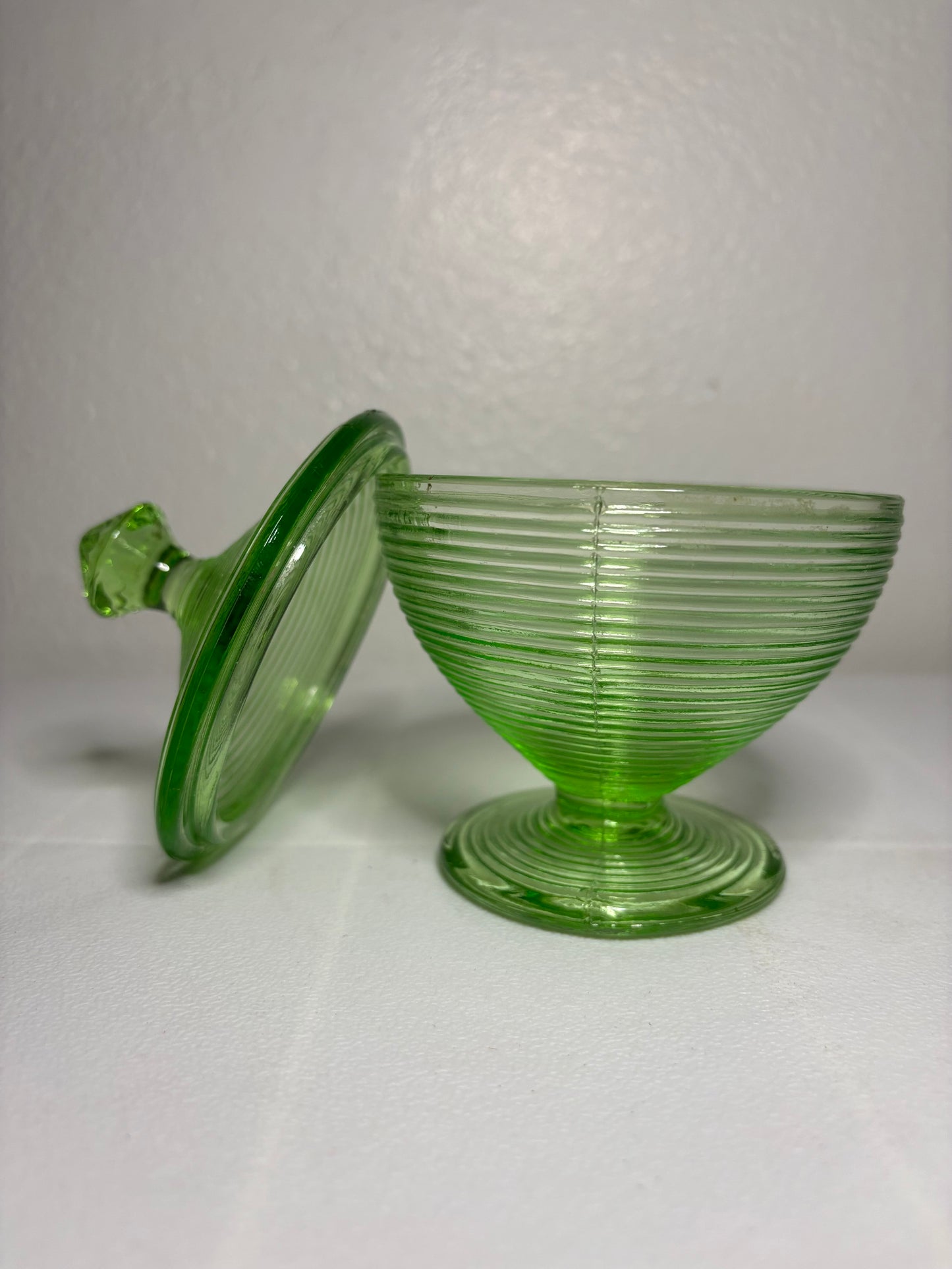 Vintage Green Ribbed Glass Candy Dish with Lid – 5" Tall