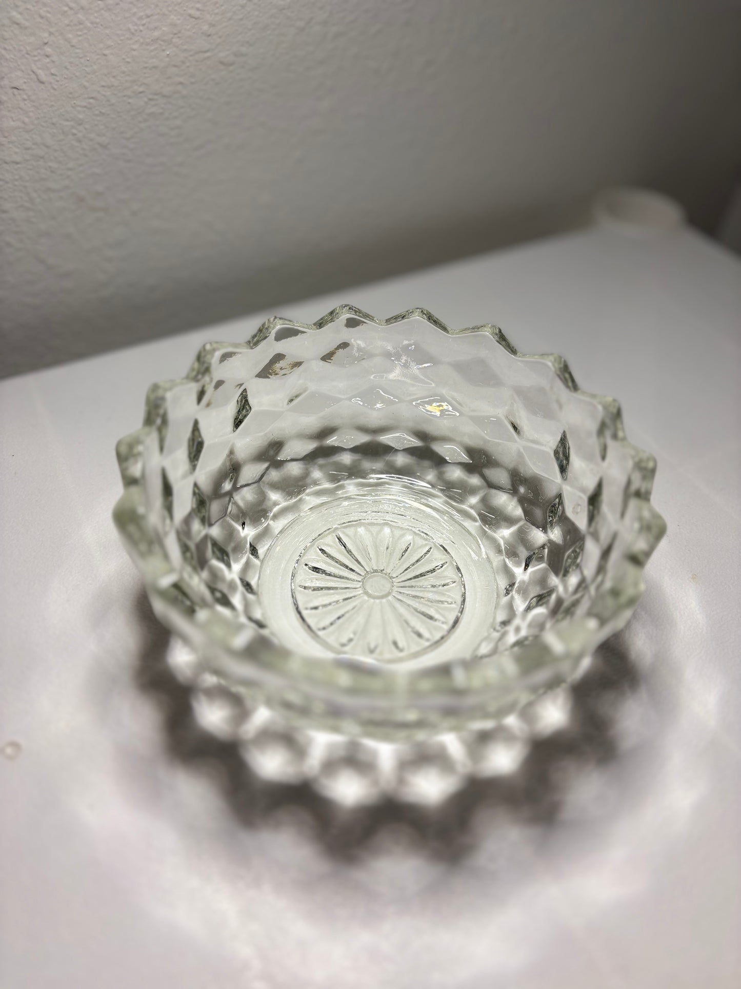 Vintage Cubist Pressed Glass Bowl – Scalloped Rim (5.5”)
